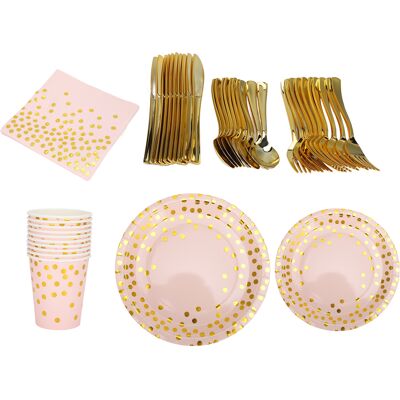 MRTRS Ensemble De 70 Assiettes En Papier Pour Fêtes, Matériau De Qualité Alimentaire, Pratique Et Rapide Élégant Ensemble De Couverts Jetables Dorés Avec Base Rose. Publicité MRTRS Ensemble De 70 Assiettes En Papier Pour Fêtes, Matériau De Qualité Alimentaire, Pratique Et Rapide Élégant Ensemble De Couverts Jetables Dorés Avec Base Rose. Publicité