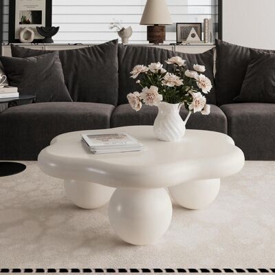OEM 80cm Cream Cloud Shaped Coffee Table, Petal-shaped Modern Minimalist Coffee Table With Spherical Legs, Cream White Kid & Pet Friendly Space Saving Living Room Table For Small Apartment, Cream White - Publicité OEM 80cm Cream Cloud Shaped Coffee Table, Petal-shaped Modern Minimalist Coffee Table With Spherical Legs, Cream White Kid & Pet Friendly Space Saving Living Room Table For Small Apartment, Cream White - Publicité
