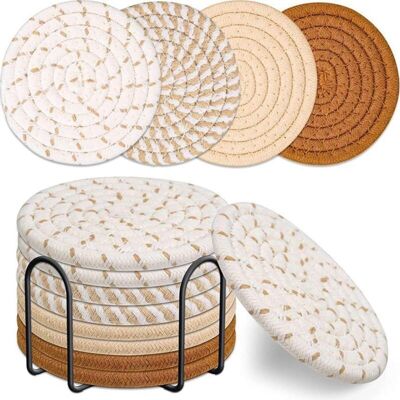 OEM Lot De 8 Dessous De Verre Avec Support, Sous-verres Ronds Tissés En Coton Pour Gobelets À Boissons, Absorbants Coaster En Céramique Antidérapants Pour La Maison, Le Café Et Les Bars - Publicité OEM Lot De 8 Dessous De Verre Avec Support, Sous-verres Ronds Tissés En Coton Pour Gobelets À Boissons, Absorbants Coaster En Céramique Antidérapants Pour La Maison, Le Café Et Les Bars - Publicité