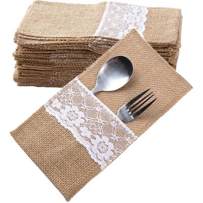 GRASSLIN 40 - Sac Couvert - Toile De Jute - Pochette Porte Couverts Avec Dentelle Pour Décoration Table Mariage Fête Noël Naturel 11x21cm - Publicité GRASSLIN 40 - Sac Couvert - Toile De Jute - Pochette Porte Couverts Avec Dentelle Pour Décoration Table Mariage Fête Noël Naturel 11x21cm - Publicité