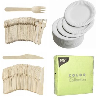 OEM 100 Fourchettes En Bois, 100 Couteaux En Bois, 100 Assiettes Carton Blanc + 100 Serviettes Éco Lime 33x33 Cm Pour Pique-nique Et Événements Extérieurs - Publicité OEM 100 Fourchettes En Bois, 100 Couteaux En Bois, 100 Assiettes Carton Blanc + 100 Serviettes Éco Lime 33x33 Cm Pour Pique-nique Et Événements Extérieurs - Publicité