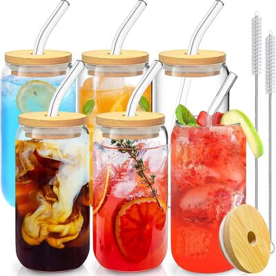OEM Lot De 6 Tasses En Verre,473 Ml,couvercle Bambou,paille Verre,joint Silicone,café Cocktail Maison - Publicité OEM Lot De 6 Tasses En Verre,473 Ml,couvercle Bambou,paille Verre,joint Silicone,café Cocktail Maison - Publicité