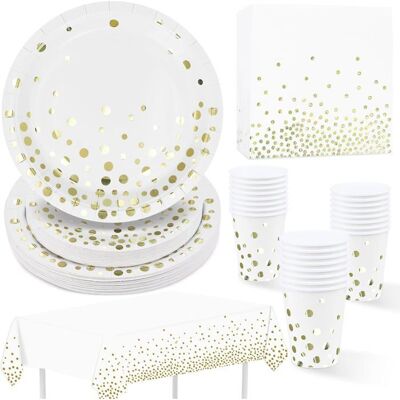 OEM 97 Pièces, Vaisselle Jetable Fête Blanc Doré, Nappe Peva 274 X 137 Cm, Assiettes Gobelets Serviettes, Événements Festifs - Publicité OEM 97 Pièces, Vaisselle Jetable Fête Blanc Doré, Nappe Peva 274 X 137 Cm, Assiettes Gobelets Serviettes, Événements Festifs - Publicité