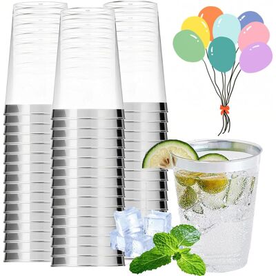 GRASSLIN Lot De 50 Gobelet Abs, Bord Argenté, Capacité 280 Ml, Réutilisable, Pour Fête, Cocktail, Mariage - Publicité GRASSLIN Lot De 50 Gobelet Abs, Bord Argenté, Capacité 280 Ml, Réutilisable, Pour Fête, Cocktail, Mariage - Publicité