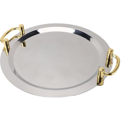 WEYTOLL Plateau De Service En Acier Inoxydable, Surface Miroir Élégante Et Exquise, Poignée De Transport Dorée, 304 Assiettes Pour Buffet D'Hôtel Rond (diamètre 16,9 Pouces) - Publicité WEYTOLL Plateau De Service En Acier Inoxydable, Surface Miroir Élégante Et Exquise, Poignée De Transport Dorée, 304 Assiettes Pour Buffet D'Hôtel Rond (diamètre 16,9 Pouces) - Publicité