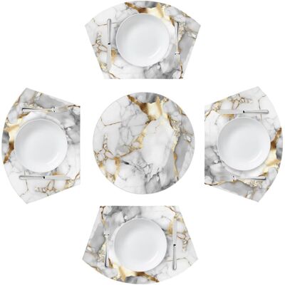 GRASSLIN Lot De 4 Sets De Table Ronds À Motif Marbre Blanc Doré Avec Centre De Table, Résistants À La Chaleur Et Lavables Pour Cuisine (5 Pièces)'parent'-'- - Publicité GRASSLIN Lot De 4 Sets De Table Ronds À Motif Marbre Blanc Doré Avec Centre De Table, Résistants À La Chaleur Et Lavables Pour Cuisine (5 Pièces)'parent'-'- - Publicité