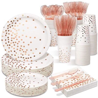 OEM 200 Pièces Vaisselle Jetable Or Rose, Service Complet Assiettes Gobelets Couverts, Décoration Élégante Rose Gold, Pour Événements Festifs Jusqu'à 25 Personnes - Publicité OEM 200 Pièces Vaisselle Jetable Or Rose, Service Complet Assiettes Gobelets Couverts, Décoration Élégante Rose Gold, Pour Événements Festifs Jusqu'à 25 Personnes - Publicité