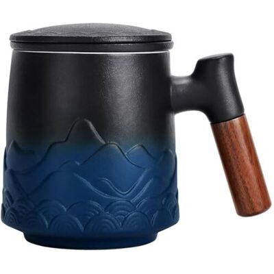 AMXCNOY Mug En Céramique Avec Filtre Et Couvercle, Grande Tasse À Infusion Avec Anse En Bois, Cadeau (bleu) - Publicité AMXCNOY Mug En Céramique Avec Filtre Et Couvercle, Grande Tasse À Infusion Avec Anse En Bois, Cadeau (bleu) - Publicité