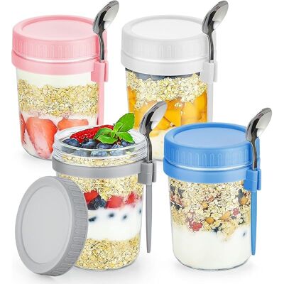 SANS MARQUE 4 Pièces Pots D'Avoine Pour Nuit, 360ml Bocaux Mason En Verre Marques De Mesure Conteneurs De Stockage Des Aliments Avec Couvercles Et Cuillères Pour L'Avoine Céréale Fruit Lait Salade Yaourt - Publicité SANS MARQUE 4 Pièces Pots D'Avoine Pour Nuit, 360ml Bocaux Mason En Verre Marques De Mesure Conteneurs De Stockage Des Aliments Avec Couvercles Et Cuillères Pour L'Avoine Céréale Fruit Lait Salade Yaourt - Publicité