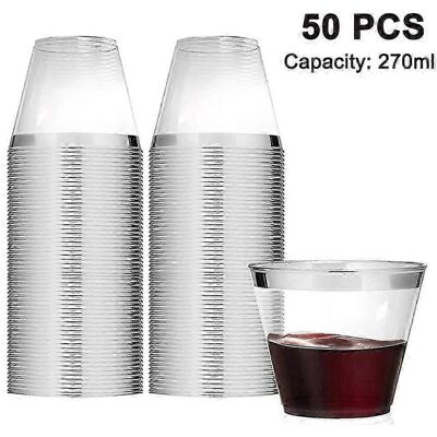 LEDE Piao Lot De 50 Verres À Cocktail En Plastique De 26 Cl, Gobelets Transparents À Bord Résistant, Jetables, Pour Mariages, Anniversaires Et Fêtes. Bord Argenté. Publicité LEDE Piao Lot De 50 Verres À Cocktail En Plastique De 26 Cl, Gobelets Transparents À Bord Résistant, Jetables, Pour Mariages, Anniversaires Et Fêtes. Bord Argenté. Publicité