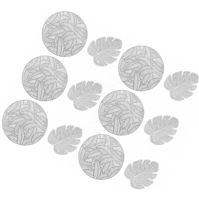 MCKENSA Ensemble De Sets De Table Et Sous-verres Isolants Creux : 6 Sets De Table Ronds Et 6 Sous-verres En Forme De Feuille, Couleur Argent. Publicité MCKENSA Ensemble De Sets De Table Et Sous-verres Isolants Creux : 6 Sets De Table Ronds Et 6 Sous-verres En Forme De Feuille, Couleur Argent. Publicité