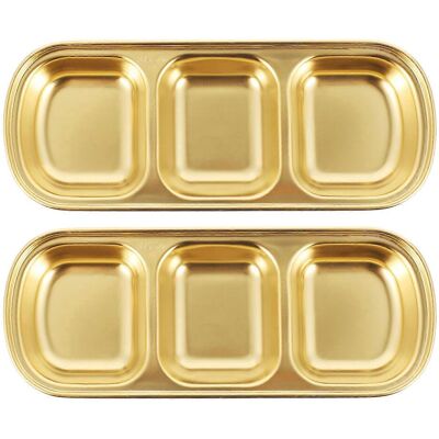LISATR Lot De 2 Assiettes À Assaisonnement En Acier Inoxydable, Assiette À Sauce À Trois Compartiments, Plateau Apéritif-20.50x8.00x2.00cm-golden - Publicité LISATR Lot De 2 Assiettes À Assaisonnement En Acier Inoxydable, Assiette À Sauce À Trois Compartiments, Plateau Apéritif-20.50x8.00x2.00cm-golden - Publicité