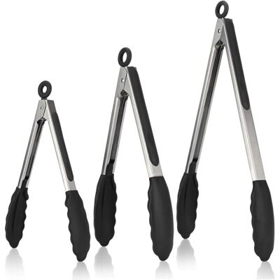 OEM Pinces De Cuisine Lot De 3 En Acier Inoxydable 18/8, Poignées Silicone Résistantes À 315 °c, Anti-adhérentes, Sans Bpa, Noir - Publicité OEM Pinces De Cuisine Lot De 3 En Acier Inoxydable 18/8, Poignées Silicone Résistantes À 315 °c, Anti-adhérentes, Sans Bpa, Noir - Publicité