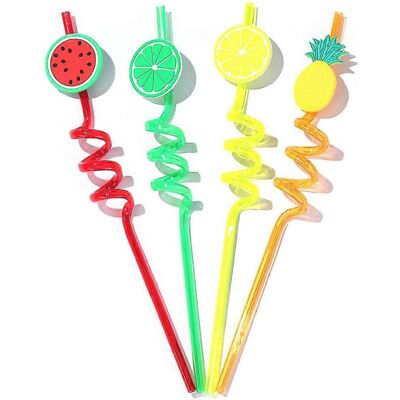 ALLAUVE 4 Pailles À Boire En Spirale En Plastique Avec Des Motifs De Citron Vert, Citron, Ananas Et Pastèque. Publicité ALLAUVE 4 Pailles À Boire En Spirale En Plastique Avec Des Motifs De Citron Vert, Citron, Ananas Et Pastèque. Publicité