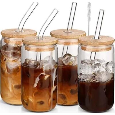 ALVIOR Verre À Boisson Avec Couvercle Et Paille - Verre En Verre Borosilicaté 473 Ml - Pour Café Glacé Matcha Thé Froid - Lot De 4 Pièces - Publicité ALVIOR Verre À Boisson Avec Couvercle Et Paille - Verre En Verre Borosilicaté 473 Ml - Pour Café Glacé Matcha Thé Froid - Lot De 4 Pièces - Publicité