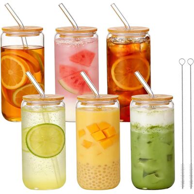OEM 6 Pièces Verre, 500ml, Couvercle Bambou, Paille Verre, Joint Silicone, Pour Smoothie, Café, Cocktail - Publicité OEM 6 Pièces Verre, 500ml, Couvercle Bambou, Paille Verre, Joint Silicone, Pour Smoothie, Café, Cocktail - Publicité