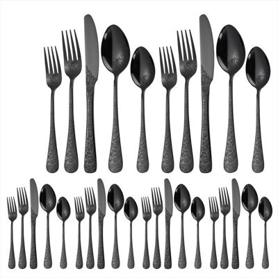 OEM 30 Pièces Couverts Vintage, Motif Floral En Relief, Ménagère En Acier Inoxydable Noir, Service Complet Pour 6 Personnes - Publicité OEM 30 Pièces Couverts Vintage, Motif Floral En Relief, Ménagère En Acier Inoxydable Noir, Service Complet Pour 6 Personnes - Publicité