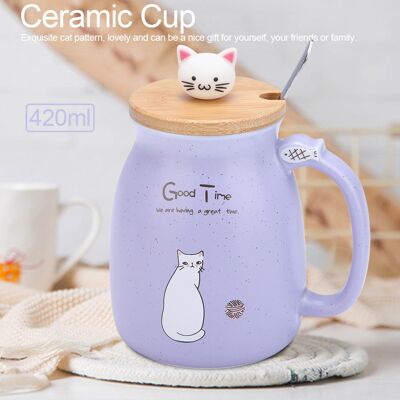 MCKENSA Tasse En Céramique Avec Motif Chat Mignon, Cuillère Et Couvercle, Idéale Pour Le Café, L'Eau Ou Le Lait (violet) - Cadeau - Publicité MCKENSA Tasse En Céramique Avec Motif Chat Mignon, Cuillère Et Couvercle, Idéale Pour Le Café, L'Eau Ou Le Lait (violet) - Cadeau - Publicité