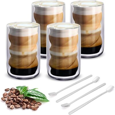 OEM Lot De 4 Tasses,verre Borosilicate,double Paroi,motif Spirale,350 Ml,avec Cuillères,maison,bureau - Publicité OEM Lot De 4 Tasses,verre Borosilicate,double Paroi,motif Spirale,350 Ml,avec Cuillères,maison,bureau - Publicité