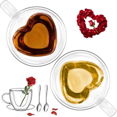 OEM Lot De 2 Tasse À Café, Verre Double Paroi, Forme Cœur, Verre Borosilicaté, 150 Ml, Pour Espresso Thé Lait - Publicité OEM Lot De 2 Tasse À Café, Verre Double Paroi, Forme Cœur, Verre Borosilicaté, 150 Ml, Pour Espresso Thé Lait - Publicité