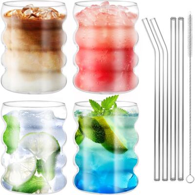 OEM Lot De 4 Verres À Eau, 350ml, Design Ondulé, Verre Borosilicate, Avec Pailles Et Brosse, Pour Cocktail Et Jus - Publicité OEM Lot De 4 Verres À Eau, 350ml, Design Ondulé, Verre Borosilicate, Avec Pailles Et Brosse, Pour Cocktail Et Jus - Publicité