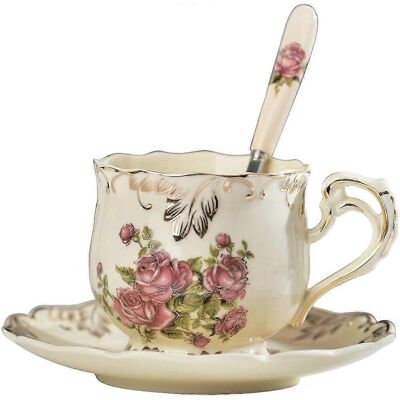 HONORNIC Service À Thé Pink Rose, Tasse Et Soucoupe 240 Ml En Céramique Ivoire Avec Cuillère. Publicité HONORNIC Service À Thé Pink Rose, Tasse Et Soucoupe 240 Ml En Céramique Ivoire Avec Cuillère. Publicité