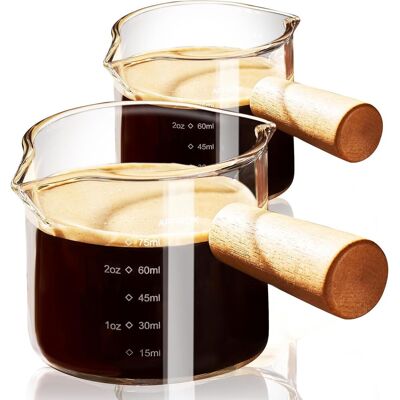 OEM Lot De 2 Tasses À Café, Verre Borosilicate, Double Bec Verseur, Poignée En Bois, Échelle Double, Pour Expresso - Publicité OEM Lot De 2 Tasses À Café, Verre Borosilicate, Double Bec Verseur, Poignée En Bois, Échelle Double, Pour Expresso - Publicité