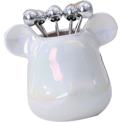 MCKENSA Pot De Rangement Pour Fourchettes À Fruits En Céramique En Forme D'Ours, Avec 6 Fourchettes À Fruits En Acier Inoxydable Et Une Base En Forme De Tête D'Ours Blanc Perle. Publicité MCKENSA Pot De Rangement Pour Fourchettes À Fruits En Céramique En Forme D'Ours, Avec 6 Fourchettes À Fruits En Acier Inoxydable Et Une Base En Forme De Tête D'Ours Blanc Perle. Publicité