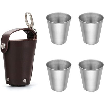 SANS MARQUE Lot De 4 Verres À Liqueur En Acier Inoxydable - 70 Ml - Avec Étui En Cuir - Pour La Randonnée, Le Camping - Publicité SANS MARQUE Lot De 4 Verres À Liqueur En Acier Inoxydable - 70 Ml - Avec Étui En Cuir - Pour La Randonnée, Le Camping - Publicité