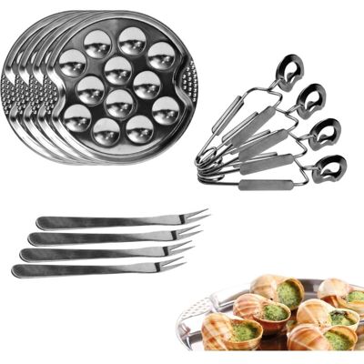 ACQUAVIVASTORE Coffret Dégustation Escargots, Lot De 4 Assiettes 12 Pièces, Fourchettes Et Pince Inox 19 Cm Argent - Publicité ACQUAVIVASTORE Coffret Dégustation Escargots, Lot De 4 Assiettes 12 Pièces, Fourchettes Et Pince Inox 19 Cm Argent - Publicité