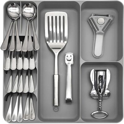 HEAT Organisateur De Tiroir À Couverts 3 En 1 En Plastique Écologique, Multifonctionnel, Pour Couteaux, Fourchettes, Baguettes Et Cuillères (gris) - Publicité HEAT Organisateur De Tiroir À Couverts 3 En 1 En Plastique Écologique, Multifonctionnel, Pour Couteaux, Fourchettes, Baguettes Et Cuillères (gris) - Publicité