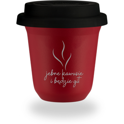OEM Mug Rouge De 240 Ml Avec L'Inscription « Un Petit Café Et Tout Ira Bien », Et Un Couvercle Noir. Publicité OEM Mug Rouge De 240 Ml Avec L'Inscription « Un Petit Café Et Tout Ira Bien », Et Un Couvercle Noir. Publicité