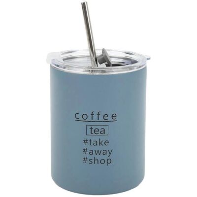 LAVVE Tasse À Café Isotherme Portable En Acier Inoxydable 320 Ml (12 Oz) Avec Couvercle, Gris Paille Et Bleu. Publicité LAVVE Tasse À Café Isotherme Portable En Acier Inoxydable 320 Ml (12 Oz) Avec Couvercle, Gris Paille Et Bleu. Publicité