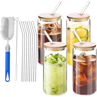 OEM 4 Pièces Verre Avec Paille, 500 Ml, Couvercle Bambou, Verre Épais, Pour Café Glacé, Smoothie, Cocktail - Publicité OEM 4 Pièces Verre Avec Paille, 500 Ml, Couvercle Bambou, Verre Épais, Pour Café Glacé, Smoothie, Cocktail - Publicité