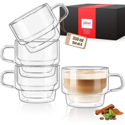 OEM Lot De 4 Tasse À Café Double Paroi 350 Ml Empilable Verre Borosilicate Poignée Pour Latte Cappuccino Thé Maison - Publicité OEM Lot De 4 Tasse À Café Double Paroi 350 Ml Empilable Verre Borosilicate Poignée Pour Latte Cappuccino Thé Maison - Publicité
