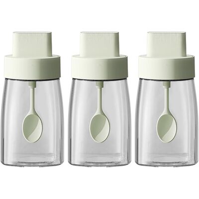 OEM Ensemble De 3 Pots À Épices En Verre Sodocalcique, Avec Cuillère Et Couvercle Rétractables Et Fermeture Hermétique, De Couleur Verte. Publicité OEM Ensemble De 3 Pots À Épices En Verre Sodocalcique, Avec Cuillère Et Couvercle Rétractables Et Fermeture Hermétique, De Couleur Verte. Publicité