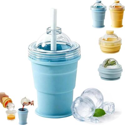 NO BRAND Gobelet Pliant Bleu 2-en-1 En Silicone Pour Glaçons Sphériques Et Voyage - Tasse Étanche Avec Couvercle Et Paille, Idéale Pour Whisky, Café, Jus, Portable Pour Bureau, Fêtes Et Activités En Plein Air - Publicité NO BRAND Gobelet Pliant Bleu 2-en-1 En Silicone Pour Glaçons Sphériques Et Voyage - Tasse Étanche Avec Couvercle Et Paille, Idéale Pour Whisky, Café, Jus, Portable Pour Bureau, Fêtes Et Activités En Plein Air - Publicité