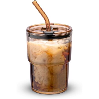 KAJFJAD Gobelet Isotherme En Verre De 400 Ml Avec Couvercle Et Paille - Couleur Ambre, Étanche, Double Paroi - Idéal Pour Le Café Et Le Thé Glacé - Mug De Voyage Portable - Publicité KAJFJAD Gobelet Isotherme En Verre De 400 Ml Avec Couvercle Et Paille - Couleur Ambre, Étanche, Double Paroi - Idéal Pour Le Café Et Le Thé Glacé - Mug De Voyage Portable - Publicité