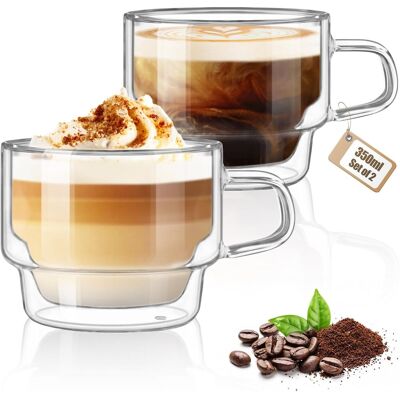 OEM Lot De 2 Tasse À Café Double Paroi 350ml Verre Borosilicate Empilable Avec Poignée Pour Cappuccino Thé Lait - Publicité OEM Lot De 2 Tasse À Café Double Paroi 350ml Verre Borosilicate Empilable Avec Poignée Pour Cappuccino Thé Lait - Publicité