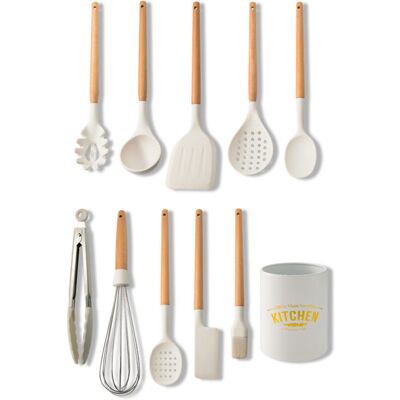 OEM Lait Blanc Manche En Bois Silicone Ustensiles De Cuisine Ensemble 10 Pièces Ustensiles De Cuisine Spatule Antiadhésive Cuillère-crezuo - Publicité OEM Lait Blanc Manche En Bois Silicone Ustensiles De Cuisine Ensemble 10 Pièces Ustensiles De Cuisine Spatule Antiadhésive Cuillère-crezuo - Publicité