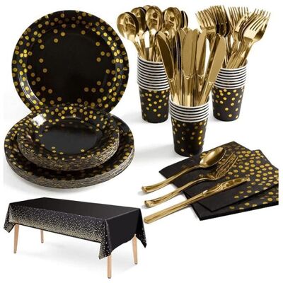 OEM 141 Pièces Vaisselle Fête Noir Or, Couverts Jetables Élégants, Assiettes Tasses Serviettes, Thème Anniversaire Luxe, Pour 20 Personnes - Publicité OEM 141 Pièces Vaisselle Fête Noir Or, Couverts Jetables Élégants, Assiettes Tasses Serviettes, Thème Anniversaire Luxe, Pour 20 Personnes - Publicité