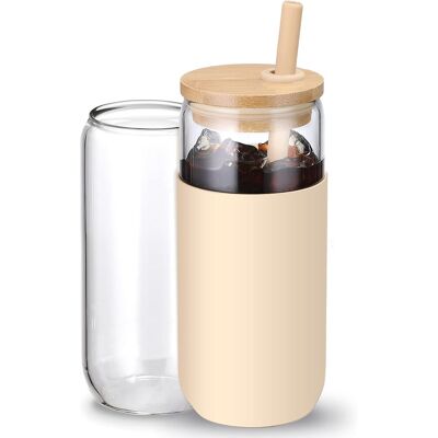 KAJFJAD Gobelet En Verre Avec Manchon En Silicone - Gobelet En Verre En Forme De Canette De Bière Avec Paille Et Couvercle En Bambou, Idéal Pour Le Café Glacé, Les Smoothies, Le Thé Boba, Ou Comme Idée Cadeau - Publicité KAJFJAD Gobelet En Verre Avec Manchon En Silicone - Gobelet En Verre En Forme De Canette De Bière Avec Paille Et Couvercle En Bambou, Idéal Pour Le Café Glacé, Les Smoothies, Le Thé Boba, Ou Comme Idée Cadeau - Publicité