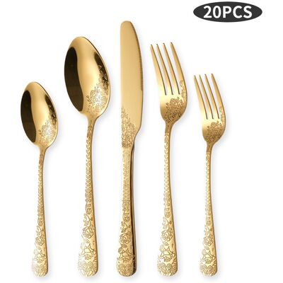 Generic Service De Couverts En Acier Inoxydable Pour 4 Personnes, 20 Pièces, Fleurs, Comprend Couteau, Fourchette, Cuillère De Cuisine(or) - Publicité Generic Service De Couverts En Acier Inoxydable Pour 4 Personnes, 20 Pièces, Fleurs, Comprend Couteau, Fourchette, Cuillère De Cuisine(or) - Publicité