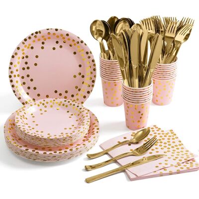 ALVIOR Assortiment Vaisselle Jetable - Assiettes Plats Desserts Gobelets Serviettes Couverts En Plastique Doré - Pour 25 Personnes - Noir Et Doré - Publicité ALVIOR Assortiment Vaisselle Jetable - Assiettes Plats Desserts Gobelets Serviettes Couverts En Plastique Doré - Pour 25 Personnes - Noir Et Doré - Publicité