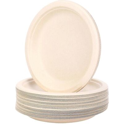 LAVVE Lot De 100 Assiettes Rondes Jetables Compostables De 18 Cm En Papier Bagasse, Biodégradable, Couleur Naturelle. Publicité LAVVE Lot De 100 Assiettes Rondes Jetables Compostables De 18 Cm En Papier Bagasse, Biodégradable, Couleur Naturelle. Publicité