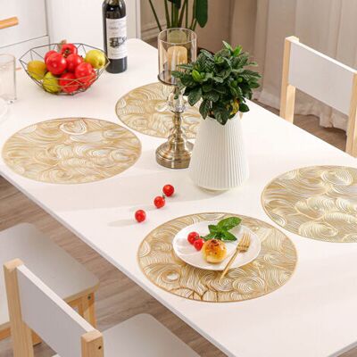 ABYSSE Lot De 6 Sets De Table Ronds Dorés, Napperons En Pvc Doré, Napperons Creux, Napperons En Vinyle Pressé, Napperons Antidérapants Résistants À La Chaleur Pour Mariage, Napperons Lavables - Publicité ABYSSE Lot De 6 Sets De Table Ronds Dorés, Napperons En Pvc Doré, Napperons Creux, Napperons En Vinyle Pressé, Napperons Antidérapants Résistants À La Chaleur Pour Mariage, Napperons Lavables - Publicité