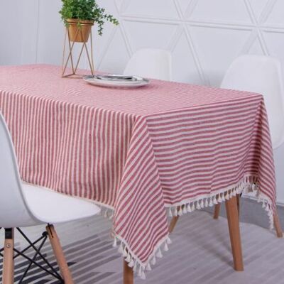 ABYSSE Nappe Rectangulaire En Coton Et Lin À Rayures Rouges, Nappe À Pompons, Lavable, Résistante À L'Huile Et Aux Taches, Facile D'Entretien, 120 X 160 Cm - Publicité ABYSSE Nappe Rectangulaire En Coton Et Lin À Rayures Rouges, Nappe À Pompons, Lavable, Résistante À L'Huile Et Aux Taches, Facile D'Entretien, 120 X 160 Cm - Publicité
