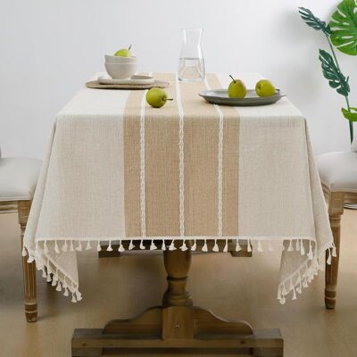 Vision Nappe Rectangulaire D'Automne En Coton Et Lin Imperméable Avec Pompons, Infroissable, Pour Salle À Manger, Fête, Style Rustique – 140 X 180 Cm, Lignes Café - Publicité Vision Nappe Rectangulaire D'Automne En Coton Et Lin Imperméable Avec Pompons, Infroissable, Pour Salle À Manger, Fête, Style Rustique – 140 X 180 Cm, Lignes Café - Publicité