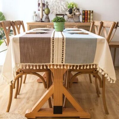 ABYSSE Nappe De Table Lavable En Coton Et Lin, Pampilles Nappe De Anti-poussière Rectangulaire Pour Décoration De La Cuisine(rayures Bleu-café,140x180cm) - Publicité ABYSSE Nappe De Table Lavable En Coton Et Lin, Pampilles Nappe De Anti-poussière Rectangulaire Pour Décoration De La Cuisine(rayures Bleu-café,140x180cm) - Publicité