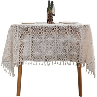 SANS MARQUE Nappe De Style Pastoral En Fil De Coton Crocheté, Pompons Creux, Beige - 140x140cm - Publicité SANS MARQUE Nappe De Style Pastoral En Fil De Coton Crocheté, Pompons Creux, Beige - 140x140cm - Publicité